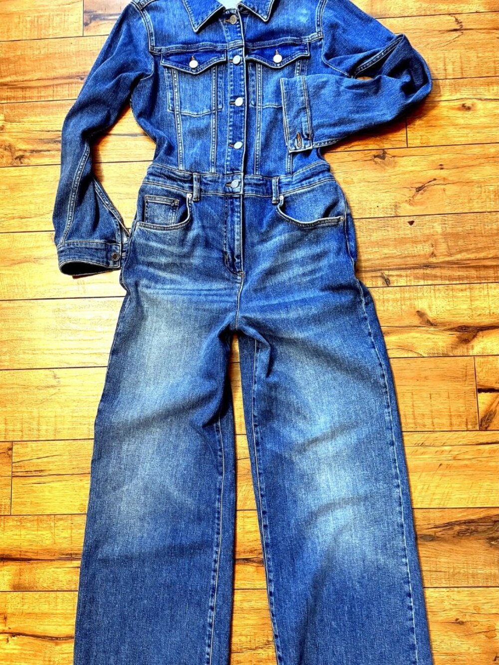 Reiss Celeste Denim Jumpsuit Mid Blue Wide Leg Size 6